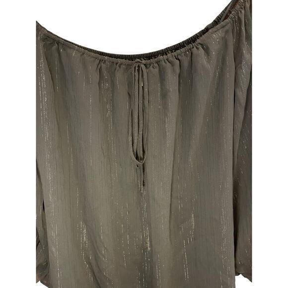 WAYF x BFF Sarah Silver Metallic & Black Off the Shoulder Top Sheer Long Sleeves - Picture 2 of 12